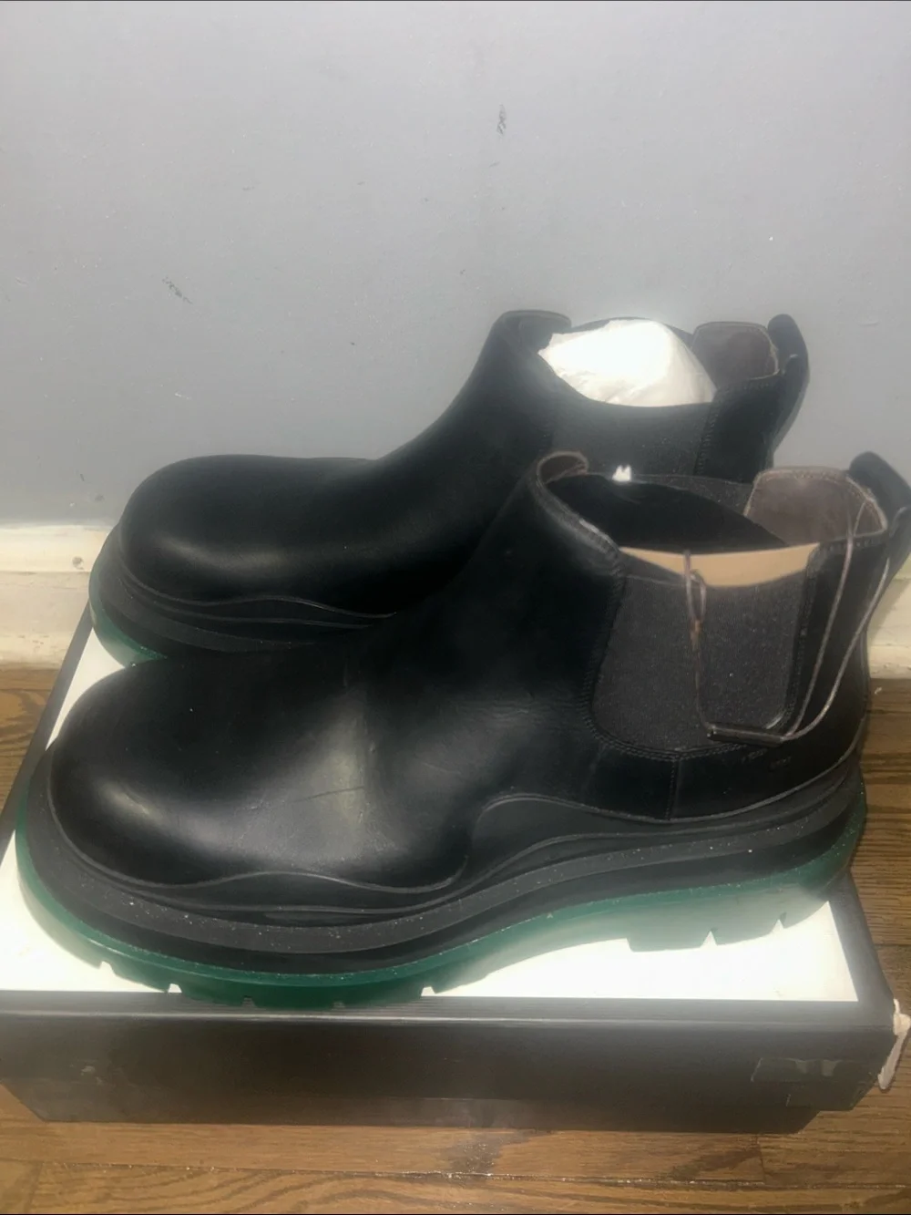 Bottega Veneta Black Leather Chukka Boots with Green Sole